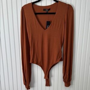 Lulu's Brown Long Sleeve Tie Front Bodysuit